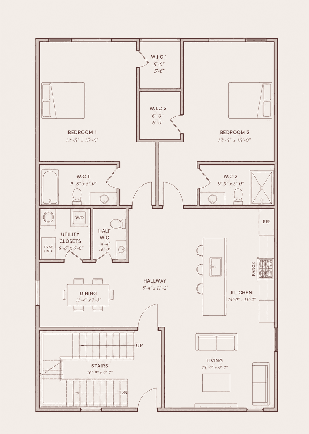 First floor plan: 32 by 45 feet. Two bedrooms with walk-in closets, two en-suite bathrooms, utility closet with HVAC and washer/dryer, half bath, open kitchen with island, dining and living areas, and L-shaped stairs. Representative of all three levels.