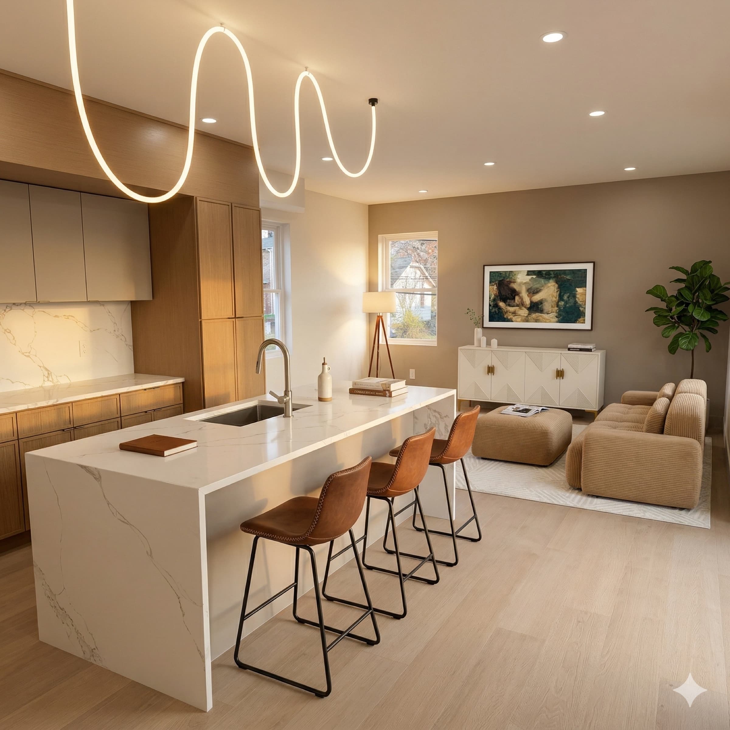 The Veyrai at Shadyside · open kitchen with marble waterfall island, wood cabinets, and warm pendant lighting